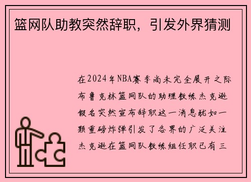 篮网队助教突然辞职，引发外界猜测